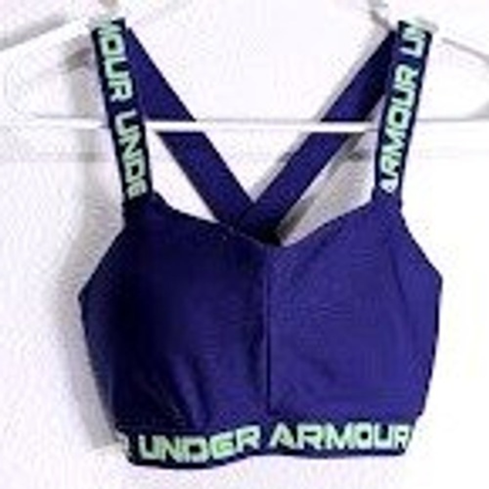 Under Armour HeatGear Sports Bra Purple Lime Green Logo Straps High Impact Small